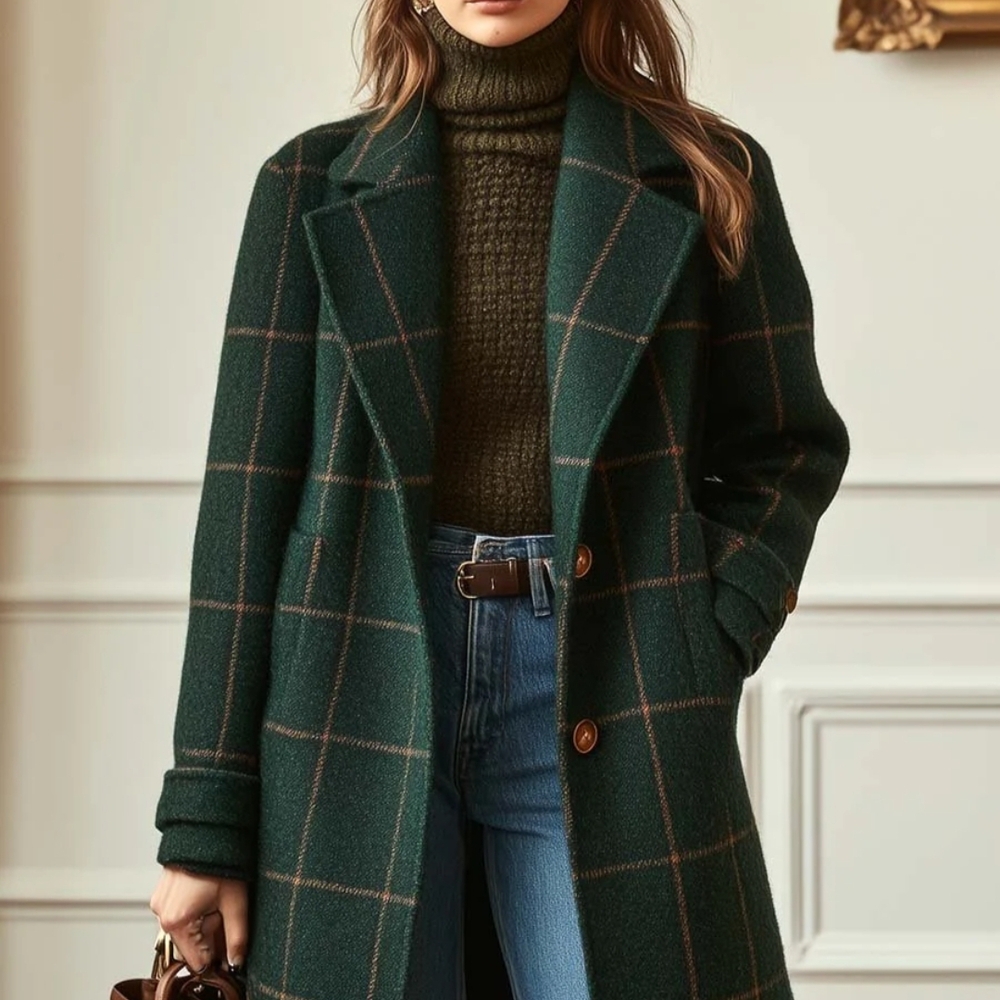 Chic Green Plaid Women's Trench Coat